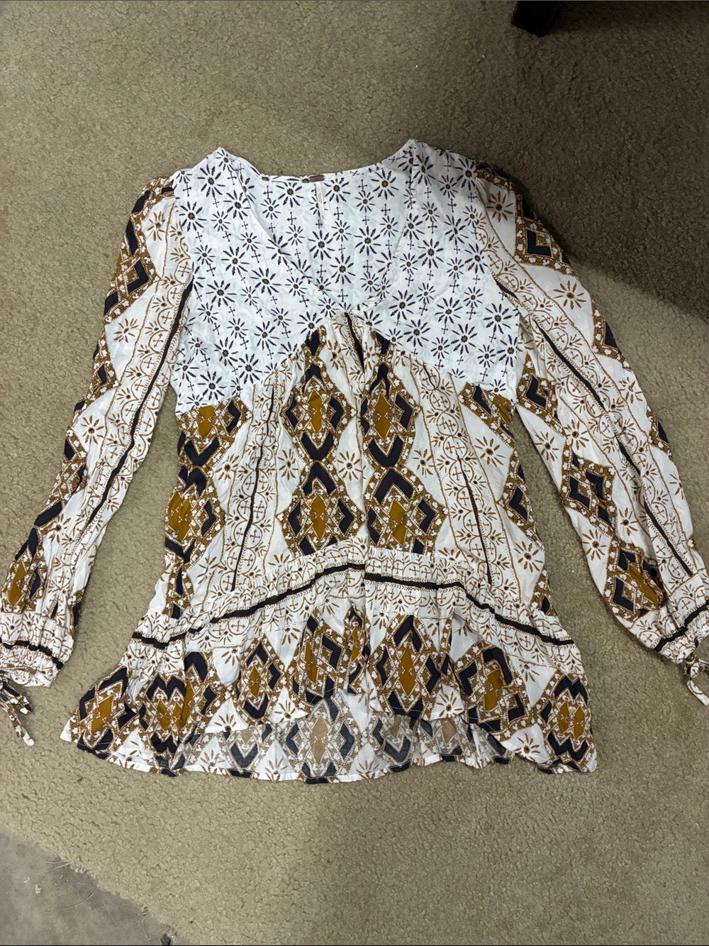 Free People White Tunic with Mustard & Black Geometric Print